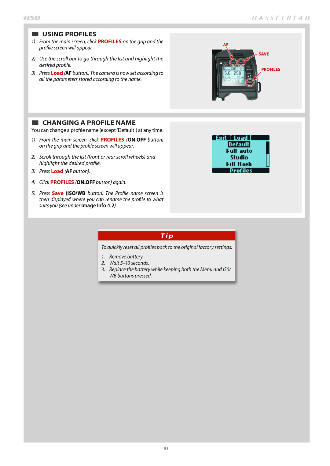 Hasselblad H4D200MS user manual  USING Profiles,  CHANGING a Profile Name 